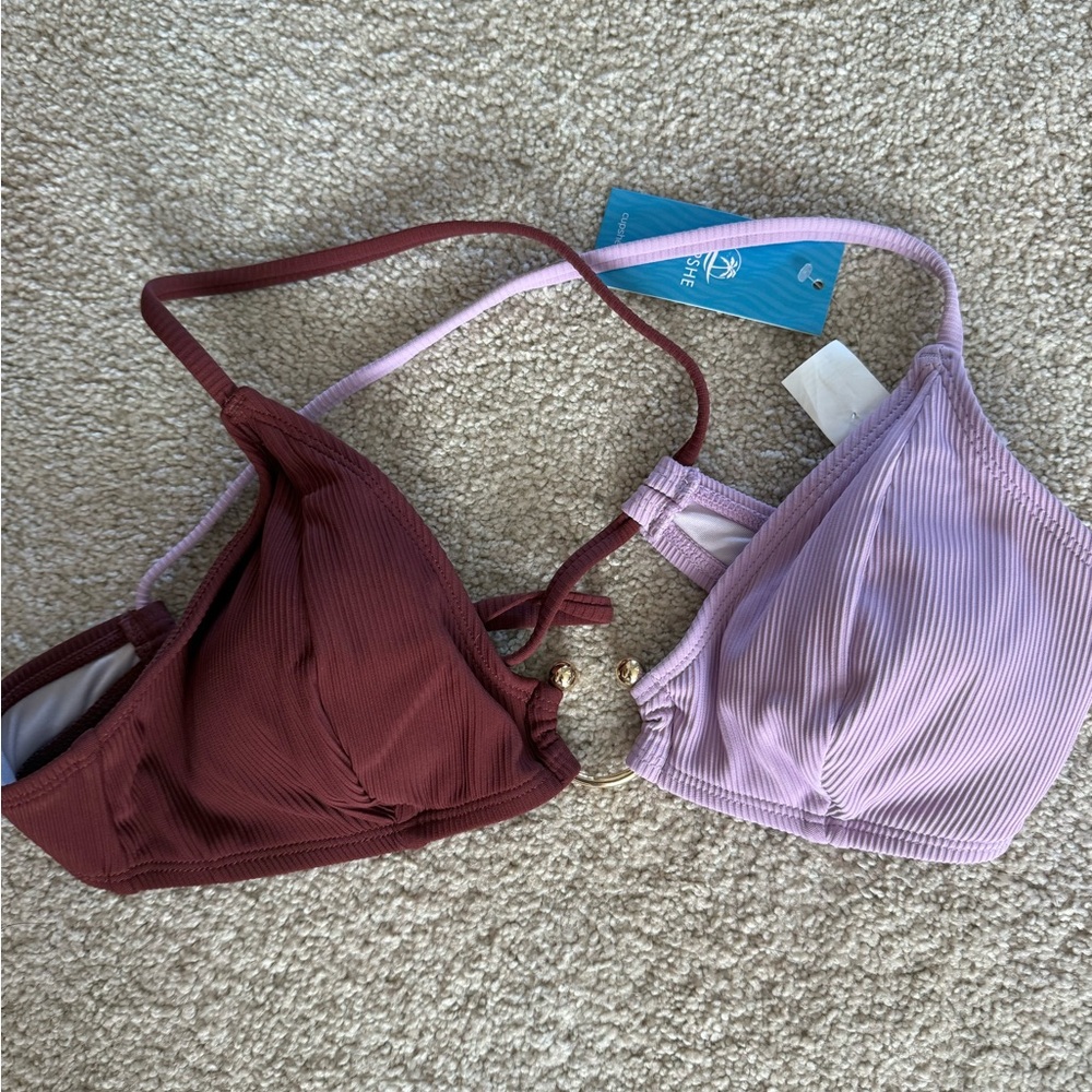 Cupshe Two-Tone Ribbed Bikini Top - Lavender & Burgundy (top-M) (bottom-L)